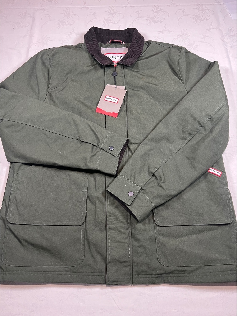 NEW $200 HUNTER Green Utility Quilted Jacket Corduroy Collar & Accents Sz Large
